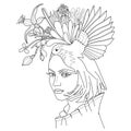 A young beautiful girl with a wreath of flowers and a bird on her head. Coloring book for adults . Royalty Free Stock Photo