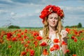 Young beautiful happy girl with long hair in a white dress in the poppy field with a wreath on his head Royalty Free Stock Photo