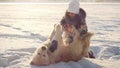 Young beautiful happy girl plays with a retriever dog in the snow in winter in sunny day during sunset time Royalty Free Stock Photo