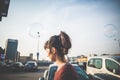 Young beautiful hipster woman bubble blower Royalty Free Stock Photo