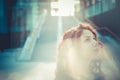 Young beautiful hipster woman with red curly hair