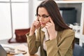 Young beautiful hispanic woman business worker stressed using laptop at office Royalty Free Stock Photo