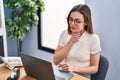 Young beautiful hispanic woman business worker using laptop suffering for throat pain at office Royalty Free Stock Photo