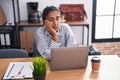 Young beautiful hispanic woman business worker using laptop working at office Royalty Free Stock Photo