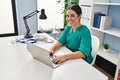 Young beautiful hispanic woman doctor using laptop working at clinic Royalty Free Stock Photo