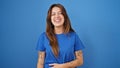 Young beautiful hispanic woman laughing a lot over isolated blue background Royalty Free Stock Photo