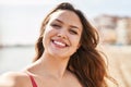 Young beautiful hispanic woman tourist smiling confident make selfie by camera at beach Royalty Free Stock Photo