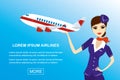 Young beautiful hostess and airplane,banner template