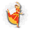 Young beautiful Indian woman dancer performing Bharatnatyam on white mandala pattern.