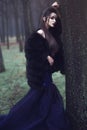 Beautiful lady in luxurious sequin evening dress and sable fur coat standing in the mysterious misty woods