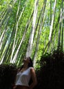Young beautiful lady posing in front of the camera with Arashiyama bamboo forest on background, Kyoto, Japan Royalty Free Stock Photo