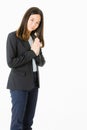 Young and beautiful long balck hair Asian woman in black suit with smile face showing greeting in Thai traditional native style,