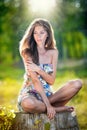 Young beautiful long hair woman wearing a multicolored dress posing on a stump Royalty Free Stock Photo