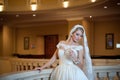 Young beautiful luxurious woman in wedding dress posing in luxurious interior. Bride with huge wedding dress in majestic manor