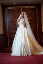 Young beautiful luxurious woman in wedding dress posing in luxurious interior. Gorgeous elegant bride with long veil. Full length Royalty Free Stock Photo