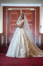 Young beautiful luxurious woman in wedding dress posing in luxurious interior. Gorgeous elegant bride with long veil. Full length Royalty Free Stock Photo