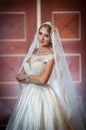 Young beautiful luxurious woman in wedding dress posing in luxurious interior. Gorgeous elegant bride with long veil. Full length