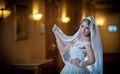 Young beautiful luxurious woman in wedding dress posing in luxurious interior. Gorgeous elegant bride with long veil. Seductive Royalty Free Stock Photo