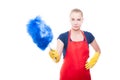 Young beautiful maid dusting on white background