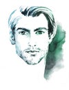 Young beautiful man watercolor fashion illustration