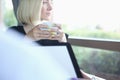 Young beautiful man and woman meet in cafe business Royalty Free Stock Photo