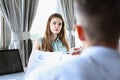 Young beautiful man and woman meet in cafe business Royalty Free Stock Photo