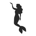 Young beautiful mermaid. Black silhouette. Design element. Vector illustration isolated on white background. Template for books, Royalty Free Stock Photo