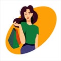 Young beautiful modern Asian woman with bags from the store. Simple clothing: T-shirt and skirt - vector flat