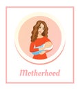 Young beautiful mother holding sleeping baby. Love and happiness concept. Motherhood - card.