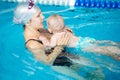 Young beautiful mother visit a swimming pool with her little son