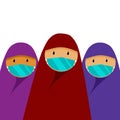 Young beautiful muslim arabian women in colorful dresses wearing face mask