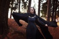 Young beautiful and mysterious woman in woods, in black cloak with hood, image of forest elf or witch