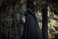 Young beautiful and mysterious woman in woods, in black cloak with hood, image of forest elf or witch Royalty Free Stock Photo