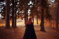 Young beautiful and mysterious woman in woods, in black cloak with hood, image of forest elf or witch, back Royalty Free Stock Photo