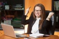 Young beautiful office lady winner Royalty Free Stock Photo