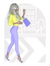 Young beautiful platinum blond woman hailing a cab on a vector background.