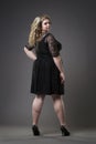 Young beautiful plus size model in black dres, xxl woman on gray studio background Royalty Free Stock Photo