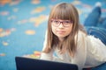 Young of beautiful pre-teen girl with tablet laptop pc. Education technology for teenagers - adolescents children Royalty Free Stock Photo