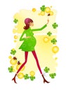 Young beautiful pregnant woman on a background of spring leaves of a happy clover, dandelion flowers and ladybirds. Raster