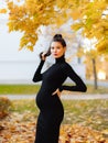 Young beautiful pregnant woman with dark hair in a black tight dress Royalty Free Stock Photo