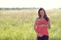 Young beautiful pregnant woman holding tummy smiling, in red a light summer dress, happy on meadow the grass Royalty Free Stock Photo
