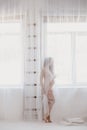 Beautiful pregnant woman with long hair standing near window Royalty Free Stock Photo