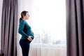 Young beautiful pregnant woman standing near window at home. Royalty Free Stock Photo