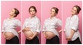 Young beautiful pregnant woman standing on pink background