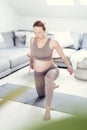 Young beautiful pregnant woman training pilates at home in her living room. Healthy lifestyle and active pregnancy and Royalty Free Stock Photo