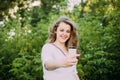 Young Beautiful Pretty Plus Size Caucasian Girl Woman Dressed In White Blouse Enjoying Life, Smiling, Royalty Free Stock Photo