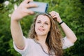 Young Beautiful Pretty Plus Size Caucasian Girl Woman Dressed In White Blouse Enjoying Life, Smiling, Royalty Free Stock Photo