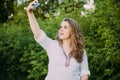 Young Beautiful Pretty Plus Size Caucasian Girl Woman Dressed In White Blouse Enjoying Life, Smiling, Royalty Free Stock Photo