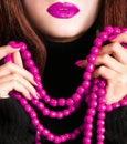 Young beautiful pretty young fashion model woman lady girl with bead necklace and pink makeup