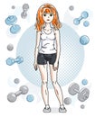 Young beautiful red-haired sporty woman standing on simple background with dumbbells and barbells. Vector character wearing short Royalty Free Stock Photo